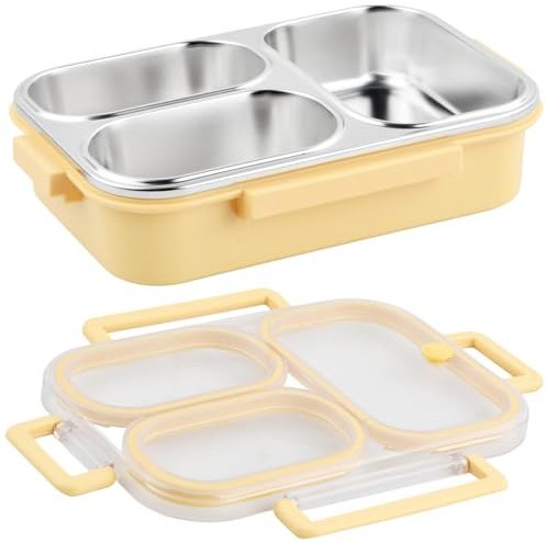 Daelesr Fiambrera Hermetica Acero Inoxidable 1000ml, Bento Lunch Box con 3 Compartimentos, Fiambreras Comida Trabajo, Loncheras para Infantil Adulto Niños Campus, Microondas y Lavavajillas (Amarillo)