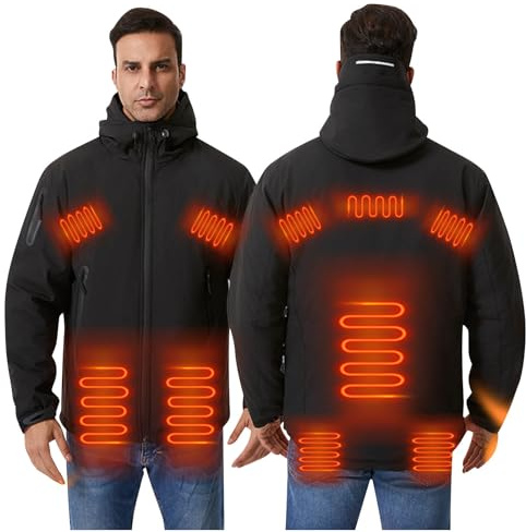 Beheizbare Jacke Herren Outdoor Heizjacke Wärme Regenjacke USB Elektrische Beheizte Jacken mit 10 Heizzonen Winter Outdoorjacke Beheizbar Winterjacke mit Heizung Kapuzenjacke Skijacke Wanderjacke