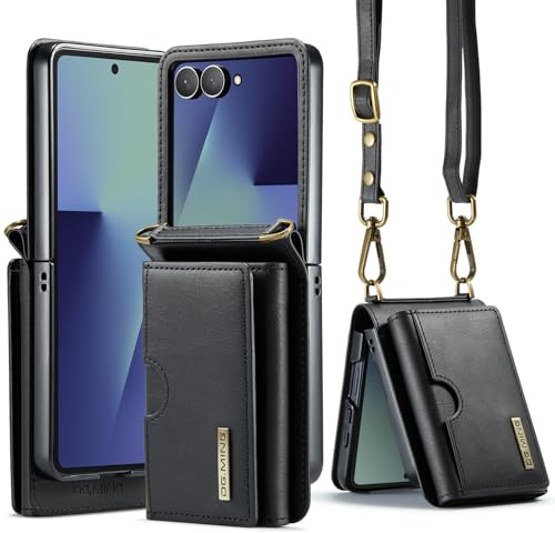 UDBKKDX Étui Portefeuille pour Samsung Galaxy Z Flip 6, Housse de Protection avec Support de Visionnage et Bandoulière Noir