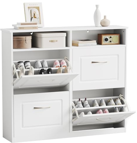Sweetcrispy Schuhschrank mit 4 Klappen, 104 x 90 x 24 cm,Weiß