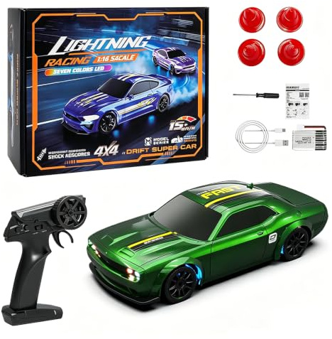 Hylukon 1/43 Scale RC Drift Car, 4WD High Speed Racing Car with LED Lights, Racing and Drift Tires, 2.4GHz Remote Control 30M Range 15KM/H Speed, RC Toy Gift for Enthusiasts (Dark Green)