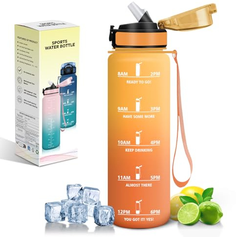 Motswedi Trinkflasche 1l, mit Strohhalm, Trinkflasche Sport, Auslaufsichere, Sportflasche, Kohlensäure Geeignet, Motivation Wasserflasche für Fitness, Schule, Reisen, Büro, Bernsteingelb & Orange