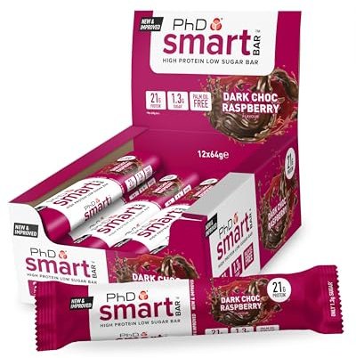 PhD Nutrition Smart Bar Barretta proteica 12x64g Cioccolato fondente e lampone - Protein Bar con 21g di proteine e poco zucchero, Adatta a una dieta macro