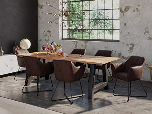 SAM 7tlg. Essgruppe Dora 220 x 100 cm, Mangoholz massiv & naturfarben, Baumkantentisch mit A-Metallgestell in Mattschwarz + 6X Stuhl Kirin in Wildleder-Optik