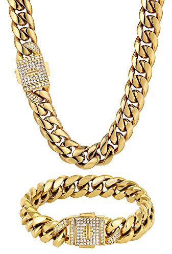 KRKC&CO 12mm Cuban Link Chain Armband, 18K Gold beschichtet Panzerkette mit Iced Out Verschluss, Goldketten Edelstahl Panzerkette Cuban Chains Herren Armband Kubanische Gliederkette 45,7+17,8cm