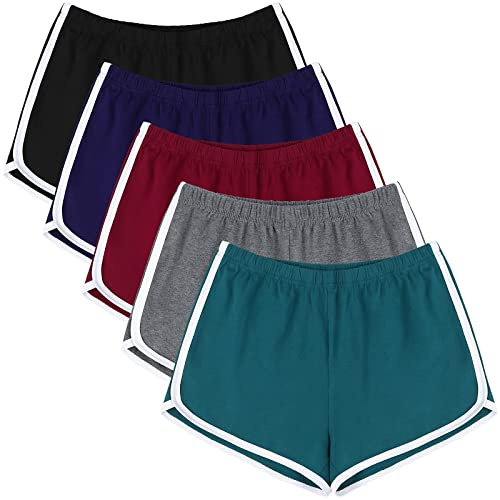 URATOT 5-pack dam bomull yoga dans korta byxor sportshorts sommar atletisk cykling vandring sportshorts, Svart, mörkgrå, marinblå, grön, vinröd, M