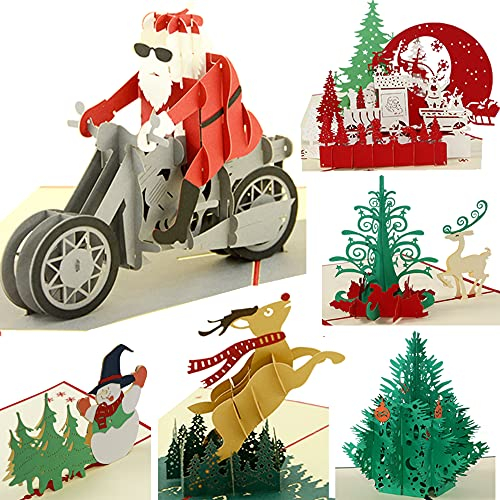 3D Weihnachtskarten, 6er-Pack Pop-Up-Grußkarte Dankeskarten Verpackt mit Umschlägen Handgemachte Kartengeschenke für Neujahr Weihnachten