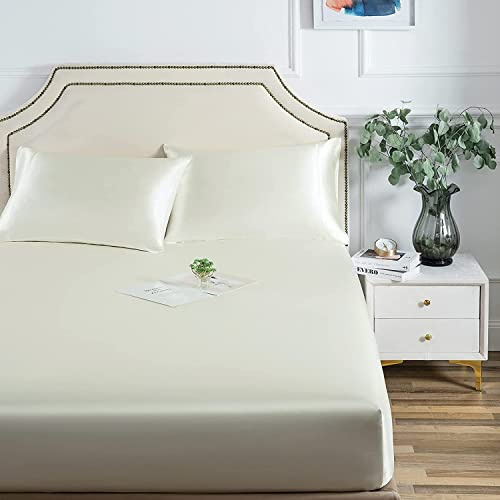 Damier Satin Spannbettlaken 140x200cm Weiß Seide Glänzend Spannbetttuch Hochwertiges Satin Deluxe Bettlaken, geeignet für Matratzen bis 25cm