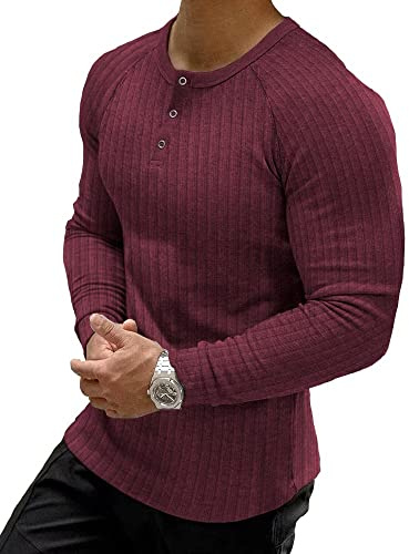 Muscle Cmdr Muscle Henley-skjorta, herr, långärmad, smal passform, långärmad tröja, fritid t-shirt av bomull med korta och långa ärmar, smal passform, ribbad skjorta, Röd-lång, XL
