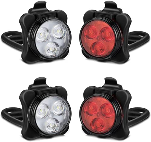 Rechargeable Bike Light Sets,Super Bright Front Headlight and Rear LED Bicycle Lights,650mah Lithium Batteries,4 Light Mode Options (2 Light Sets [Total of 4 Lights])