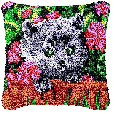 Juego de ganchos para hacer tú mismo, cojín para anudar, juego de cojines de ganchos, juego de cojines de ganchos, alfombra de nudos, funda de cojín de sofá, regalos hechos a mano, 43 x 43 cm, gato