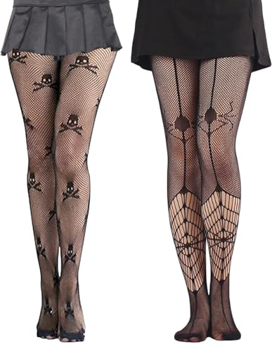 Netzstrumpfhose Schwarz Halloween, 2 Paar Netz Strumpfhose Totenkopf Spinnen, Spinnennetz Strumpfhose, Skelett Strumpfhose Damen, Halloween Kostüm Accessoires, Tag der Toten, Karneval, Mottoparty (2)