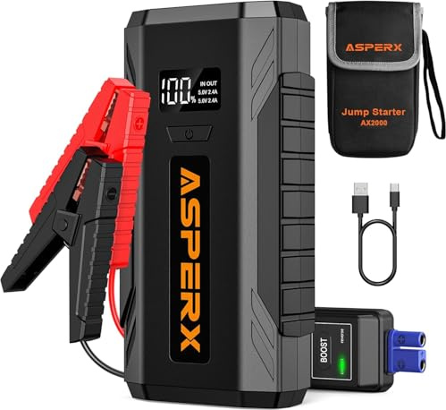 AsperX Booster Batterie Voiture (Jusqu’à 8,0L Gaz ou 6,5L Gazole),Portable 12V Demarreur avec Pince Batterie Voiture, Lampe LED,Ecran LCD