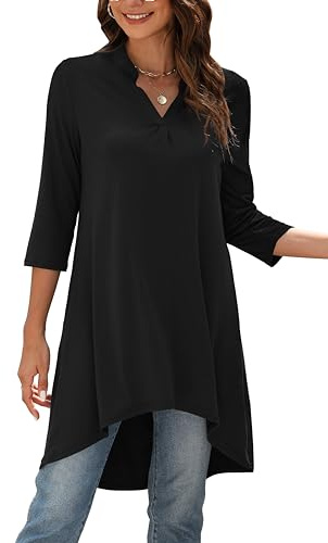 Naggoo Women's 3/4 Sleeve Notch V Neck High Low Loose Fit Long Tunic Tops Shirts Blouses Black XXL