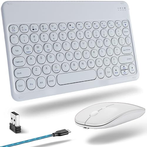 Bluetooth Keyboard and Mouse,2.4Ghz & Bluetooth keyboard for iPad,Tablets,Android,iPhone,Mac,Mini Small Rechargeable Keyboard Set Compact Slim with Silent Wireless Bluetooth Mouse,QWERTY White Combos