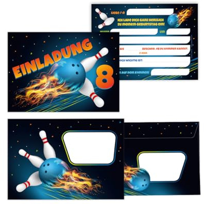 Minkocards 12 Einladungskarten incl. 12 Umschläge zum 8. Kindergeburtstag Kegeln Bowling Jungen Mädchen Einladungen achte Geburtstag Kinder Einladungsset