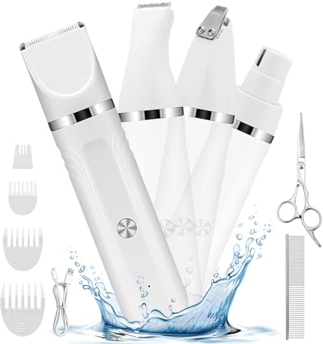 BENTFINE 4 in 1 Hundeschermaschine Leise Schermaschine Profi Hund Katze Pfotentrimmer Krallenschleifer für Hund Wiederaufladbar mit 4 Multifunktion-Schneidköpfen für Kleine Große Katze Haustiere(Weiß)