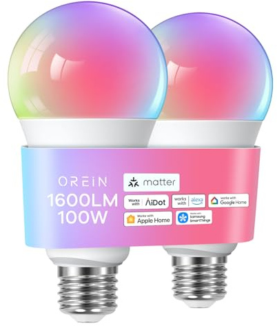 OREiN Matter Smart Light Bulb, 1600 Lumens 100W Equivalent Smart Light Bulbs, Color Changing Light Bulbs Work with Apple Home, Alexa, Google Home, SmartThings, A21 Smart Bulbs 2.4Ghz WiFi, 2Pack