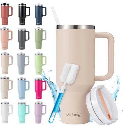 Bukaty Thermobecher mit Strohhalm 40oz/1.2L, Trinkbecher mit Deckel und Strohhalm, Edelstahl Vakuum Isolierbecher mit Henkel,Großer Kaffeebecher to go Autobecher für Heiße & Kalte Getränke,Rose Quartz