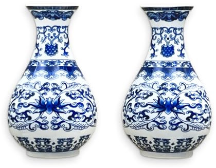 GDSZJLJ Set of Two Chinese Blue and White Porcelain Wall Vases for Flowers, Handmade Chinoiserie Ceramic Wall Hanging Vases, Home Décor for Living Room, Bookshelf, and Indoor Ceramic Decor
