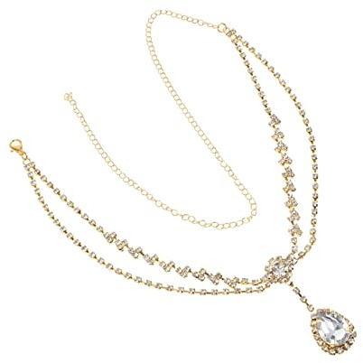 DEARMAMY Tocado de Cristal Elegante para Novia Cadena Dorada Frontal Decoración Frente Mujer Boda Fiesta Accesorios de Cabello