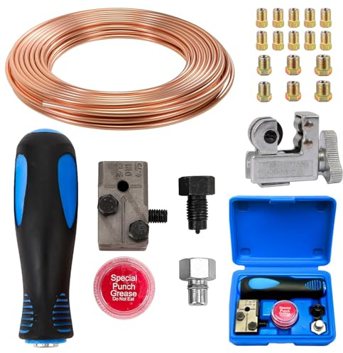 Taipintee 4,75 mm Universel Outils D'évasement de Tuyaux de Freins Kits, Durable et Portable, avec Conduite de Frein de 7,62 m de Diamètre de 4,76 mm, 16 Raccords en de 25FT (Jaune doré + Bleu)