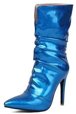 Lroey Reoly Femme Aiguille Talons Hauts Bottes Mi-Mollet Pointu Slouch Dx976 Bleu Taille 35 EU