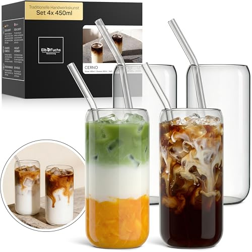 ElbFuchs Latte Macchiato Gläser 4er Set 450 ml - Trinkgläser in Dosenform aus Borosilikatglas mit Glasstrohhalmen, ästhetische Matcha- und Kaffeegläser, Eiskaffee- & Cocktailgläser