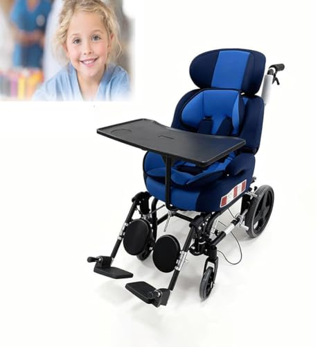 PA-DABAOO Fauteuil Roulant Inclinable Avec Table À Manger, Fauteuil Roulant Fonctionnel À Dossier Haut Pour Personnes Atteintes De Paralysie Cérébrale, Fauteuil Roulant Manuel,Bleu