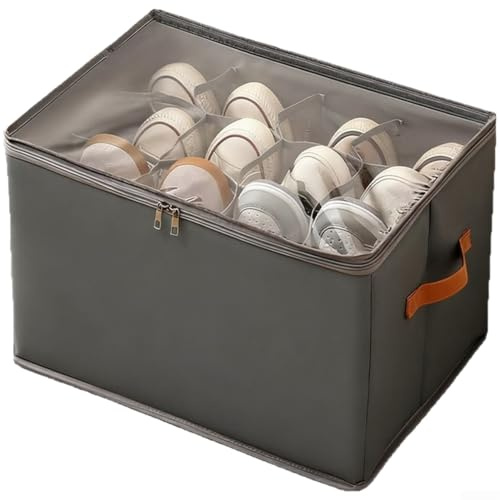 Caja de almacenamiento plegable para zapatos con ventana transparente y tapa, 12 rejillas para una organización ordenada con tela Oxford y tablero de polipropileno (Ash)