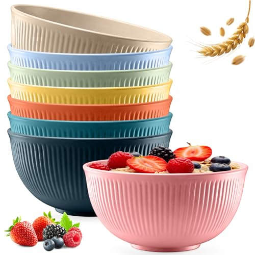 Set med 8 frukostskålar i plast, återanvändbara salladsskålar, okrossbar soppskål, mikrovågsugn och diskmaskinssäker, lätta plastskålar för soppa, flingor, ramen, sallad (8 färger)