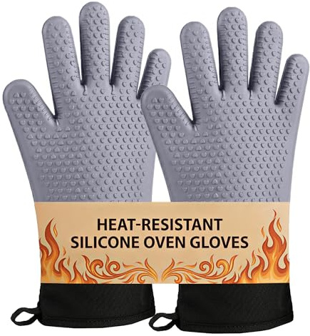 J&A Marts® Premium Double Oven Gloves - Heat Resistant Oven Mitts & Potholder -Non-slip Silicone Design -Maximum Heat Protection- Machine Washable for Home & Kitchen (Grey)