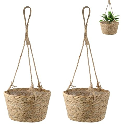 HZZON 2 Stück Hängender Pflanzkorb aus Seegras 20cm Blumentopf Hängend Boho Blumenampel Handgewebter Pflanzen Pflanzkübel Natürlicher Hängetopf mit Langem Hängendem Seil für Indoor Outdoor Decor