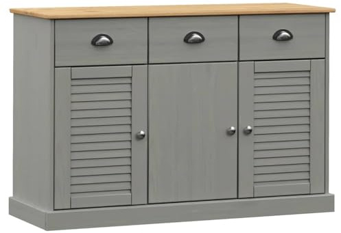 Yamxder Credenza VIGO 113 x 40 x 75 cm, comò in legno di pino massiccio di colore grigio, credenza con cassetti e ante, armadio rustico per soggiorno e corridoio, design a persiane