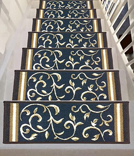 Gloria Low Pile Rubber Backing Non-Slip Stair Treads, Stair Mats, (Set of 7), (8.5 x 26, 1933 Navy)