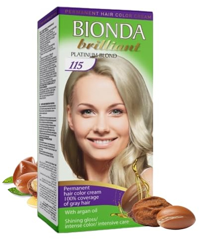 BIONDA BRILLIANT Tinta per Capelli Permanente 100ml – con Olio di Argan | colore duraturo е 100% copertura totale dei bianchi | kit per con sviluppatore 6% e maschera (115 biondo platino)