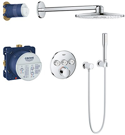 GROHE SmartControl Mixer, Duschsystem mit Mischer (Regendusche mit 3 Absperrventilen, Fertigmontageset, Kopfbrause 2 Strahlarten, Duschset mit allen Komponenten), rund, chrom, 34709000