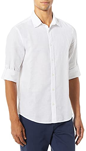 Perry Ellis Men's Rolled-Sleeve Solid Linen Cotton Button-up Slim Fit Shirt, Bright White, Medium