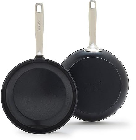 GreenPan Chatham Prime Midnight 8 and 10 Frying Pan Set, Hard Anodized Ceramic Nonstick, PFAS-Free, Dishwasher Safe, Oven Safe, Healthy Cooking Skillet for Eggs and Omelets, Black