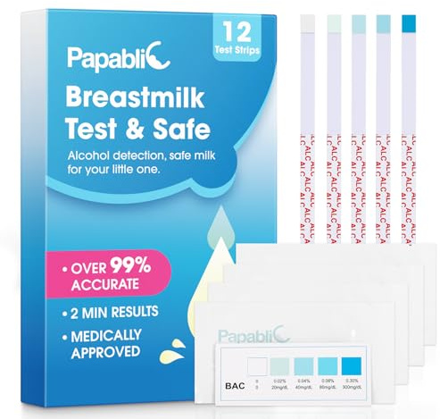 Papablic Lot de 12 bandelettes de test d'alcool pour lait maternel, résultats rapides en 2 minutes, bandelettes de test d'alcool pour le lait maternel, pour les mamans qui allaitent à la maison, les