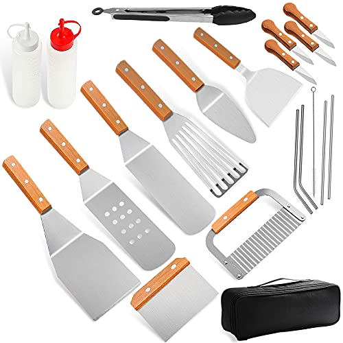 Set di Spatole e Raschietto per Teppanyaki e Barbecue, 21 Pezzi, Manico in Legno, Set Accessori Barbecue in Acciaio Inox, per Griglia Cucina da Campeggio, Barbecue all'aperto, Feste in Cortile