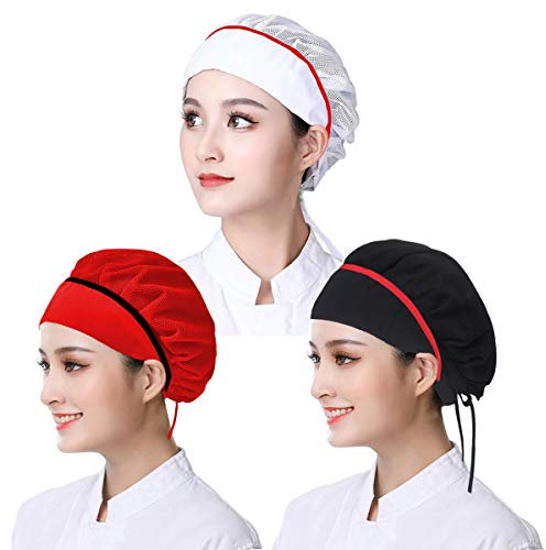 DXYAKY 3 x Kochmütze, verstellbar und wiederverwendbar, für Küche, Kochen, Koch, Lebensmittelservice, Haarnetz, atmungsaktives Netzgewebe, Arbeitsmütze, Schwarz & Rot & Weiß Mash Hat, Einheitsgröße