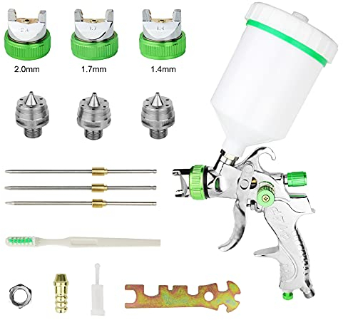 HVLP Lackierpistole Spritzpistole 1,4mm 1,7mm 2,0mm Düse, Profi Farbsprühsystem Spraypistole mit 600 ml Plastikbecher
