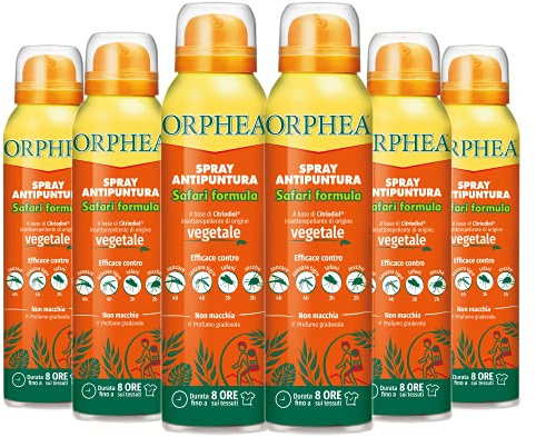 Orphea Antipuntura Spray Safari, Insettorepellente di Origine Vegetale, Non macchia, Profumo Gradevole, Durata fino a 8 ore - Confezione da 6 Pezzi