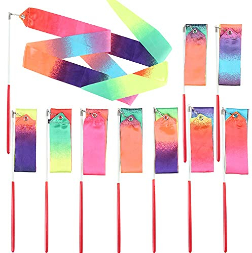Regenbogen Gymnastikband Tanzen Streamer Tanzband mit Stab Kinder Rhythmische Sportgymnastik Wirbelband Turnband Rhythmikband 205CM Sportgymnastik Band für Kinder Mädchen Zirkus 10ST