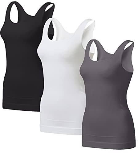 EUYZOU Women's Tummy Control Shapewear Tank Tops - Seamless Compression Top, 3-Pack (Black/White/Grey, Large)