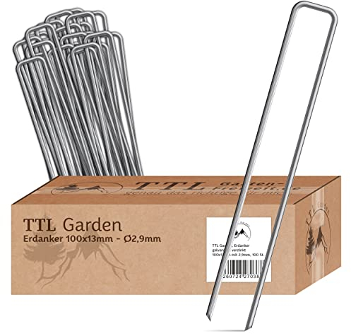 TTL Garden, 100 x ancoraggi da terra, 100 x 13 x 2,9 mm, zincati e temprati, in acciaio al carbonio per erbacce, in tessuto non tessuto, recinzione, rete di protezione per uccelli, campeggio,