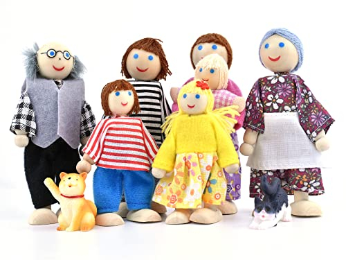 Jzszera Holzpuppenhaus Menschen von 7 Figuren und 2 Haustieren, Familienpuppen, kleine Figuren, Spielzeug für Kinder, Mädchen, Kinder, Pretend Puppenhaus Geschenk