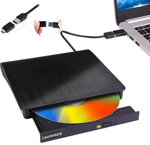 Laurensory External DVD Drive USB 3.0 Type-C USB Portable Player for Laptop CD DVD +/-RW Disk Drive CD ROM Burner Writer CD/DVD Burner Reader Compatible with Desktop Windows Linux OS Apple MacBook