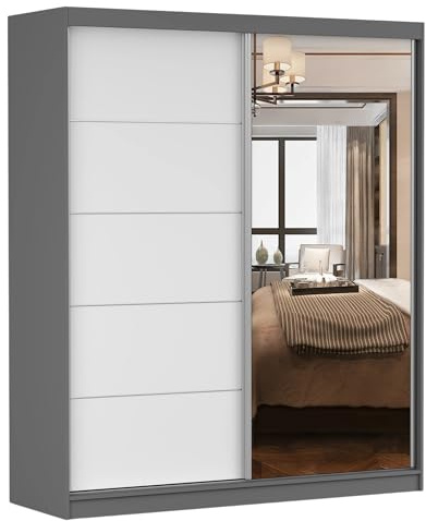 Fabryka Mebli Idźczak Kleiderschrank mit Spiegelfront & Schiebetüren Weiß Grau - platzsparend & geräumige Fachaufteilung mit Kleiderstange - moderner Stauraum für Schlafzimmer Ankleidezimmer